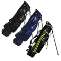 Three golf bags are displayed in a standing position. Each bag has multiple pockets and features different colors including black blue and black with neon accents.