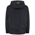 A black jacket hangs in a neutral space showcasing a hood and elastic cuffs while displaying a small yellow logo on the upper back indicating the brand CMP.