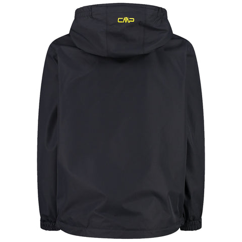 A black jacket hangs in a neutral space showcasing a hood and elastic cuffs while displaying a small yellow logo on the upper back indicating the brand CMP.