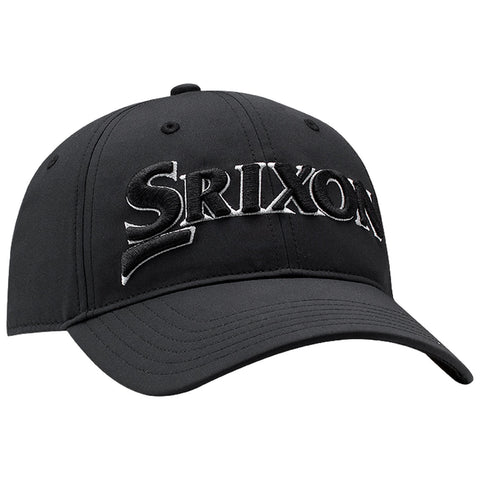 A black baseball cap sits with a curved visor featuring an embroidered logo that reads Srixon prominently displayed on the front showcasing a sporty and casual style.