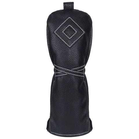 A black leather golf club head cover stands upright with a top handle and a diamond design on its surface wrapped with white stitching in a plain background.