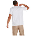 A white t-shirt features a prominent brand logo in blue and red. It is displayed from the front and back perspective, emphasizing its simple and casual design.