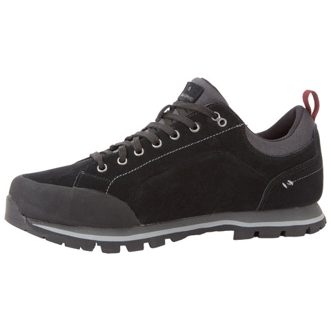 A black outdoor shoe featuring a lace-up design a textured upper and a rugged sole suitable for hiking or casual wear placed against a plain background