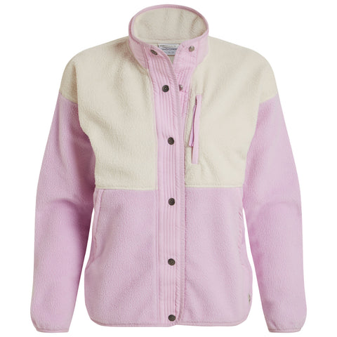 A pastel pink and cream fleece jacket features a high collar front button closure and a chest pocket showcasing cozy and stylish outdoor wear suitable for cooler weather.