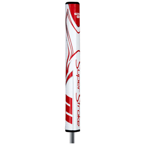 A golf putter grip is standing vertically featuring a white and red design with the text Super Stroke prominently displayed along its side in a sporty style.