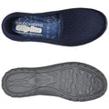 A navy blue slip-on shoe features a mesh upper for breathability and an air-cooled memory foam insole for comfort with a textured gray rubber outsole for traction.