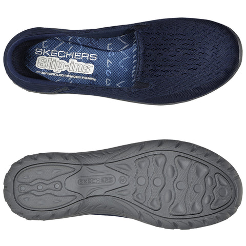 A navy blue slip-on shoe features a mesh upper for breathability and an air-cooled memory foam insole for comfort with a textured gray rubber outsole for traction.