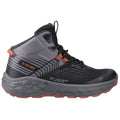 A black and grey waterproof hiking boot features a high ankle design with orange accents and detailed textured patterns on the sides, displayed against a plain background.