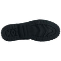 A black shoe sole is positioned flat with deep grooves and patterns designed for traction suggesting its use for outdoor or rugged activities in an indoor display setting.