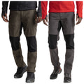 Two pairs of outdoor pants are displayed side by side. One is olive green with black knee sections and the other is gray also with black accents. Both are worn by men.