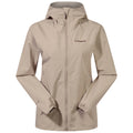 A light beige rain jacket is displayed with a front zipper and a hood the jacket features long sleeves with elastic cuffs and is set against a plain white background.