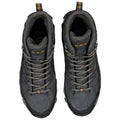 Gray hiking boots with a high ankle design feature multiple eyelets for laces and a textured surface for grip are presented against a plain white background.