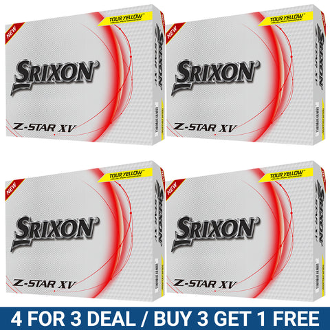 Four boxes of Srixon Z-STAR XV golf balls are stacked together. The packaging features a white background with red accents and yellow labels indicating a promotional deal.