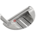 A shiny silver golf putter rests on a flat surface showcasing its smooth face and engraved brand name Odyssey with a red logo in the center and two white markings below it.