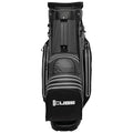 A black golf bag stands upright featuring multiple zippered pockets and a top compartment for clubs showcasing a sleek design suitable for carrying golfing equipment.