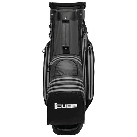 A black golf bag stands upright featuring multiple zippered pockets and a top compartment for clubs showcasing a sleek design suitable for carrying golfing equipment.