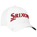 A white baseball cap features prominent red embroidered text reading "Srixon" across the front with a small logo on the side positioned against a plain background.