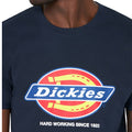 A dark navy t-shirt displays a colorful logo featuring the text Dickies with the phrase HARD WORKING SINCE 1922 underneath it against a simple background.