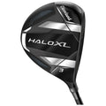 A black golf club head with the brand name Cleveland and model designation HALO XL prominently displayed is angled for visibility showcasing a modern design with metallic accents on a white background.