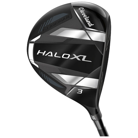 A black golf club head with the brand name Cleveland and model designation HALO XL prominently displayed is angled for visibility showcasing a modern design with metallic accents on a white background.