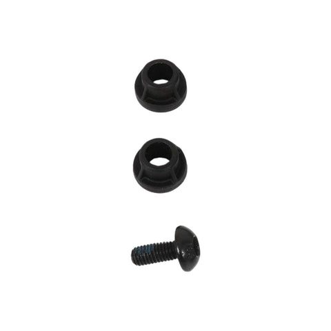 Two black plastic washers and a black screw are laid out flat against a white background, ready for use in fastening materials together or for assembly purposes.