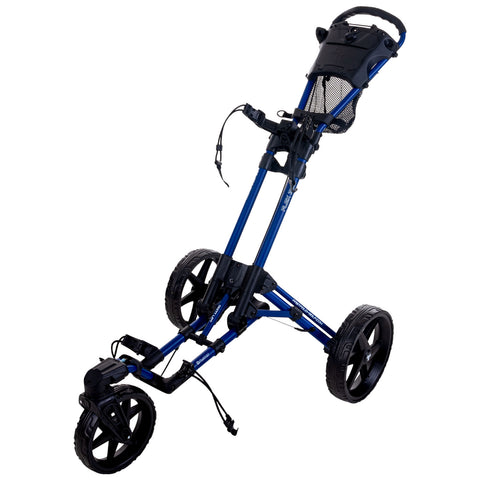 A golf push cart with a blue aluminum frame features three large black wheels allowing for mobility while a mesh storage area is available for holding items during use on the golf course.