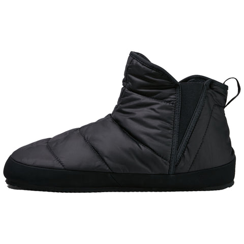 A black, padded slipper designed for warmth has a high top with a soft exterior and a textured sole for grip, positioned against a plain white background.