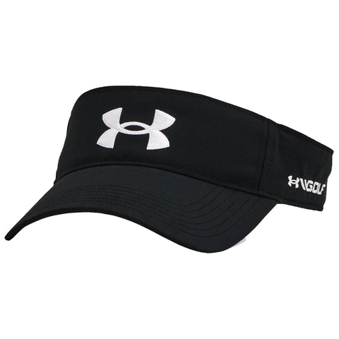 A black visor with a wide brim displays a prominent white logo on the front and smaller text on the side indicating its use for golf.