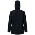 A black hooded jacket is displayed with its back facing the viewer showcasing a simple design suitable for outdoor wear in various weather conditions.