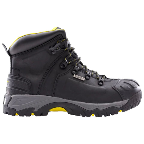 Black waterproof hiking boot with yellow accents is positioned sideways highlighting its sturdy sole and reinforced toe area suitable for outdoor activities in rugged terrain.