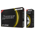 A black box labeled Srixon Z-Star contains golf balls designed for performance featuring a clean design with yellow accents and images of the balls showcasing their surface and dimple pattern.