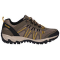 A brown and yellow hiking shoe with mesh and rubber materials is placed on a flat surface showing a rugged sole designed for outdoor activities suitable for various terrains.