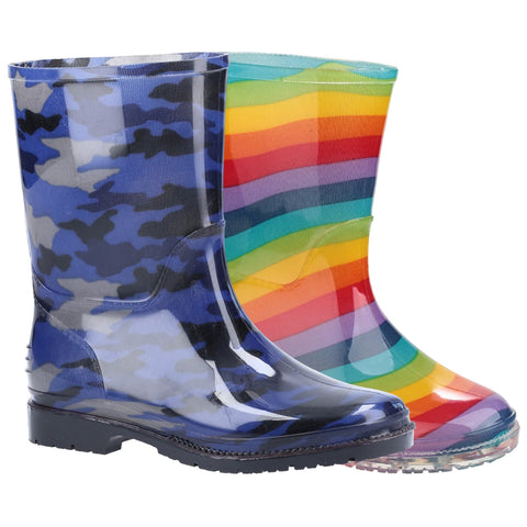 Two pairs of rubber boots are displayed side by side the left boot has a blue camouflage pattern while the right boot features colorful horizontal stripes of red green and yellow