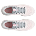 A pair of athletic shoes displays a lightweight design with breathable mesh material grey laces and pink accents suitable for sports and casual wear placed against a neutral background.