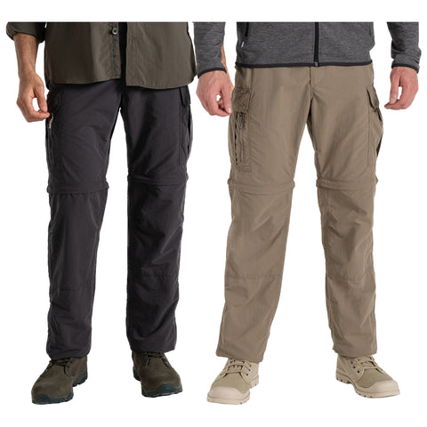 Two pairs of men's outdoor pants are displayed side by side. One is black and the other is a light brown. Both feature cargo pockets and are suitable for active use.