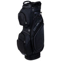 A black golf bag stands upright featuring multiple zippered pockets for storage showcasing a textured side and a top handle for carrying in outdoor environments.