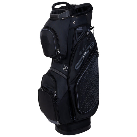 A black golf bag stands upright featuring multiple zippered pockets for storage showcasing a textured side and a top handle for carrying in outdoor environments.