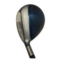 A golf club head designed for performance with a sleek black and blue finish its face shows grooves for better grip and precision enhancing gameplay in outdoor golf settings