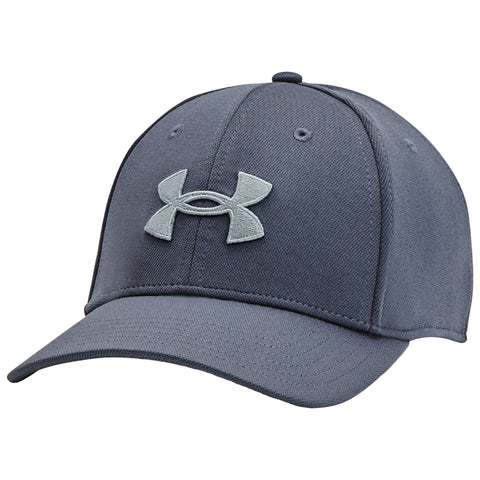 A navy blue baseball cap features a light gray Under Armour logo on the front and is designed for casual or athletic wear in an outdoor or active context.