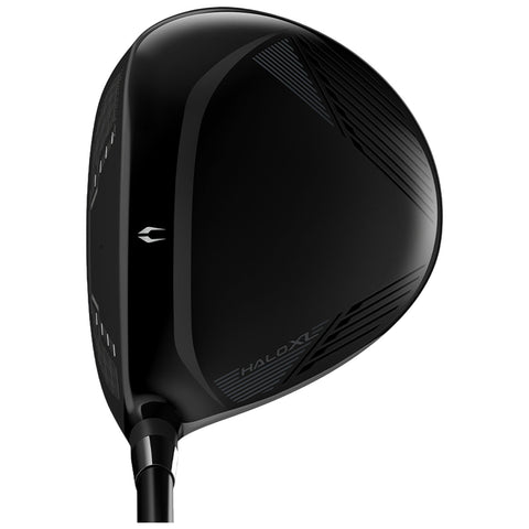 A black golf driver head is displayed showing its sleek surface and aerodynamic design with branding visible while positioned against a neutral background suggesting it is meant for play or display.