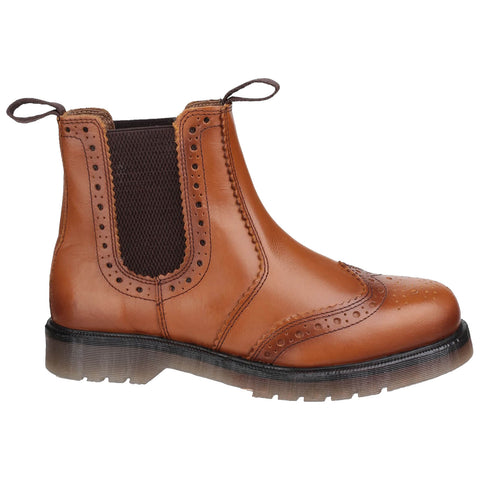 A brown leather Chelsea boot features a rounded toe and brogue detailing with elastic side panels and pull tabs for easy wear displayed against a neutral background.