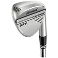 A golf club wedge is positioned at an angle showcasing a polished silver head labeled Cleveland RTX Full-Face2 with a 56-degree loft and a black and white shaft design.