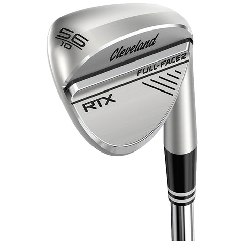 A golf club wedge is positioned at an angle showcasing a polished silver head labeled Cleveland RTX Full-Face2 with a 56-degree loft and a black and white shaft design.