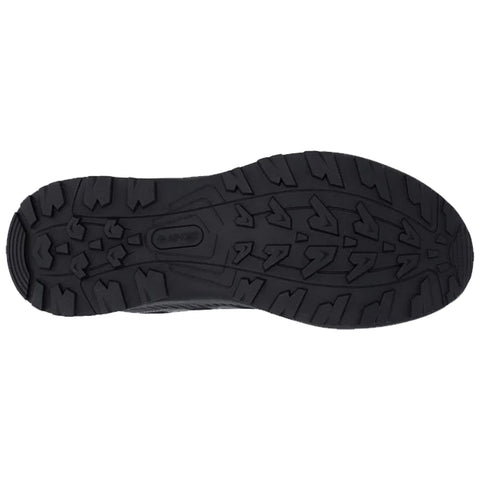 A black shoe sole is shown featuring a rugged tread design intended for traction. The shoe appears to be designed for outdoor or athletic activities.