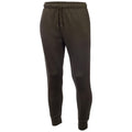 Dark green sweatpants stand upright showcasing their tapered fit and elastic waistband with a drawstring in a neutral background, highlighting a casual and comfortable clothing option.