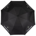 A black umbrella with eight segments displays the brand name Farah in white and green text. It is opened and could be used for protection against rain or sun outdoors.