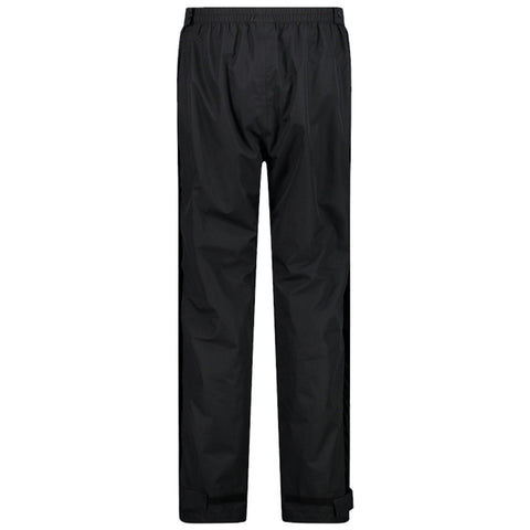 Black rain pants stand upright displaying an elastic waistband and cuffed hems designed for weather protection in outdoor settings like hiking or walking in the rain.