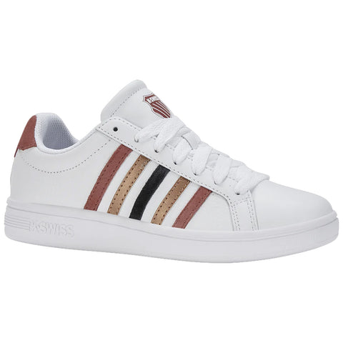 A white sneaker features three horizontal stripes in brown and black with a rounded toe and white laces representing a sporty design suitable for casual wear.