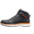 A black high-top shoe with a textured surface and orange accents is displayed on a white background highlighting its athletic design and supportive structure ideal for active use.