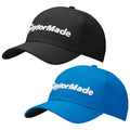 Two baseball caps are displayed side by side with one black and one blue each featuring the embroidered logo TaylorMade prominently on the front showcasing the design and colors of the caps